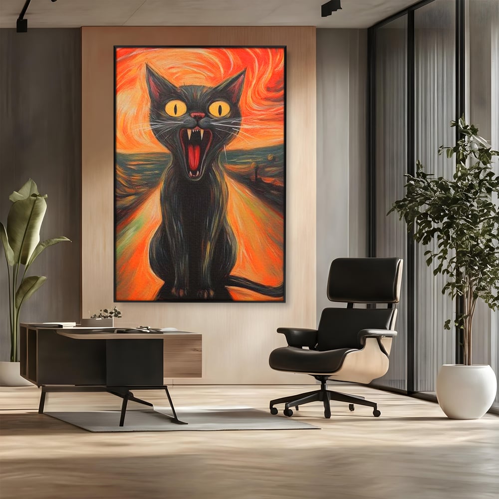 Tablou canvas cu tablou canvas cu pisica neagra care urla, in rama de aluminiu negru, pe perete intr-un birou